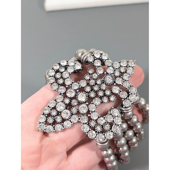 Silver Tone Fleur De Lis Rhinestone Five Row Bead Statement Bracelet 7" - Picture 6 of 7